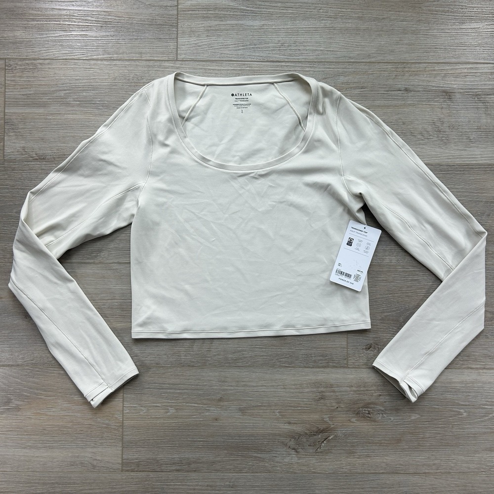 NWT‎ Athleta Large Transcend Top Scoop Neck Long Sleeve Beige Ivory Gym